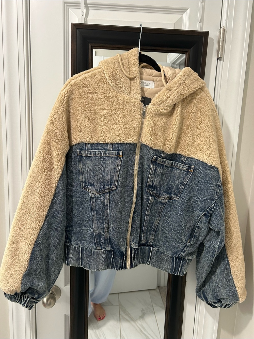 Impressions Beige Sherpa and Denim Colorblock Hooded Puffer Jacket